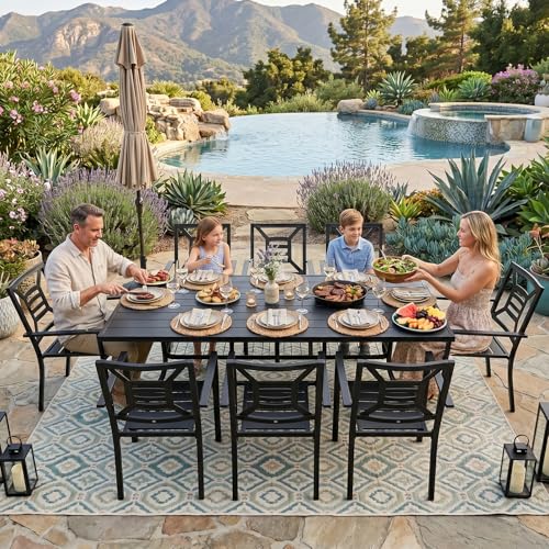 SAILARY 9 Pieces Patio Dining Set for 8, Large 77" Outdoor Metal Table with Universa Umbrella Hole & Stackable Iron Chairs, Patio Furniture Set for Deck, Backyard, Yard, Porch