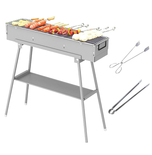 Portable Charcoal Grill, Stainless Steel BBQ Grill with Foldable Stand Adjustable Air Vents, Kebab Skewer BBQ Barbecue Grill Kit for Garden Backyard Party Picnic Travel Outdoor Use (31.6x7.1inch)