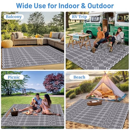 StepRite 5’ x 8’ Reversible Outdoor Rug, Waterproof Plastic Straw Rug, Patio Rug, Large Modern Area Rug Carpet, Indoor Outdoor Rugs for Camping, Porch, Deck, Balcony, Backyard, RV, Picnic(Grey)