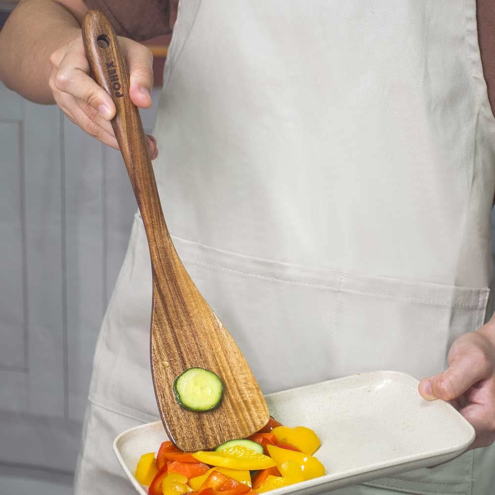 Pohex Teak Wood 12 Piece Kitchen Utensil Set with Wooden Holder/Barrel, 6 Gadgets Wooden Spatula, Spurtle, Slotted Spoon, Salad Spoon and Fork, Small Mixing Spoon and 6 Hooks Handmade Cookware No BPA