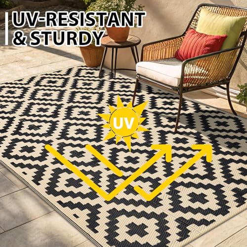 Smiry Waterproof Outdoor Rug 5x8 ft, Reversible Plastic Straw Patio Camping Rugs, Outdoor Indoor RV Mat Carpet for Patio, Outside Entry, Backyard, Deck, Bench, Picnic, Camper, Black & Beige