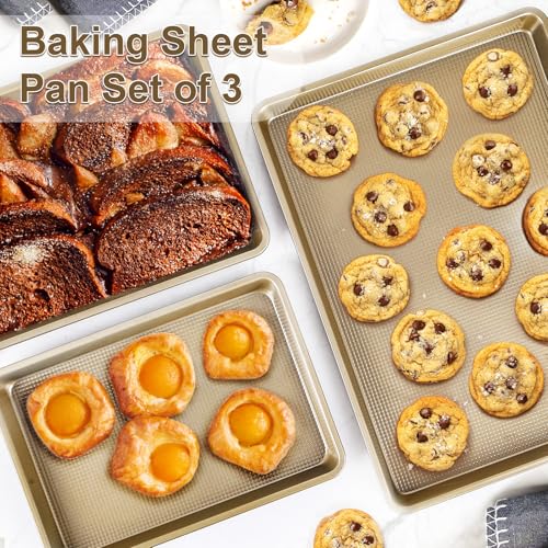 FLAREFX Baking Sheet Pan Set of 3 | Nonstick Cookie Sheets for Baking Supplies | No Rust & No Toxic Carbon Steel Half Sheet Pan+Jelly Roll Pan+Quarter Sheet Pan Set | Heavy Duty Baking Tray for Oven