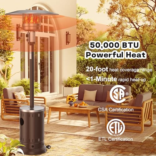 DIAMONDFORGE 50,000 BTU Patio Heater - Propane Patio Heater with Sand Box, Double-Layer Stainless Steel Burner Space Heater, Outdoor Heaters with Wheels, Used for Garden, Patio and Residential, Brown