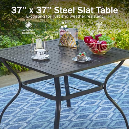 PHI VILLA 5 Piece Outdoor Table and Chairs, Patio Dining Set for 4,37" Black Square Metal Table and Stackable Wrought Iron Chairs with Umbrella Hole for Patio, Deck, Porch, Backyard