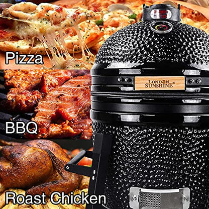 London Sunshine Ceramic Kamado Charcoal BBQ Grill and Smoker, Stainless Steel Grates -15" Ceramic with Tall Stand (BLACK)
