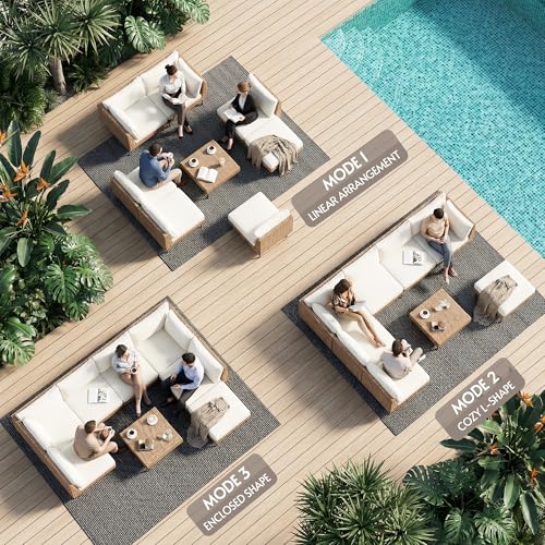 ENSTVER 8-Piece Dual-Strand Wicker Outdoor Sectional, Premium Outdoor Sofa with Durable Polyester Cushions & Ergonomic Sling-Back, Complete Outdoor Furniture Set for Large Patio(Cushion White