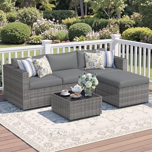 Wisteria Lane 5-Pieces Outdoor Patio Furniture Set, All Weather Wicker Rattan Sectional Sofa, Patio Conversation Set with Cushions & Glass Coffee Table for Backyard Porch Garden Balcony, Grey