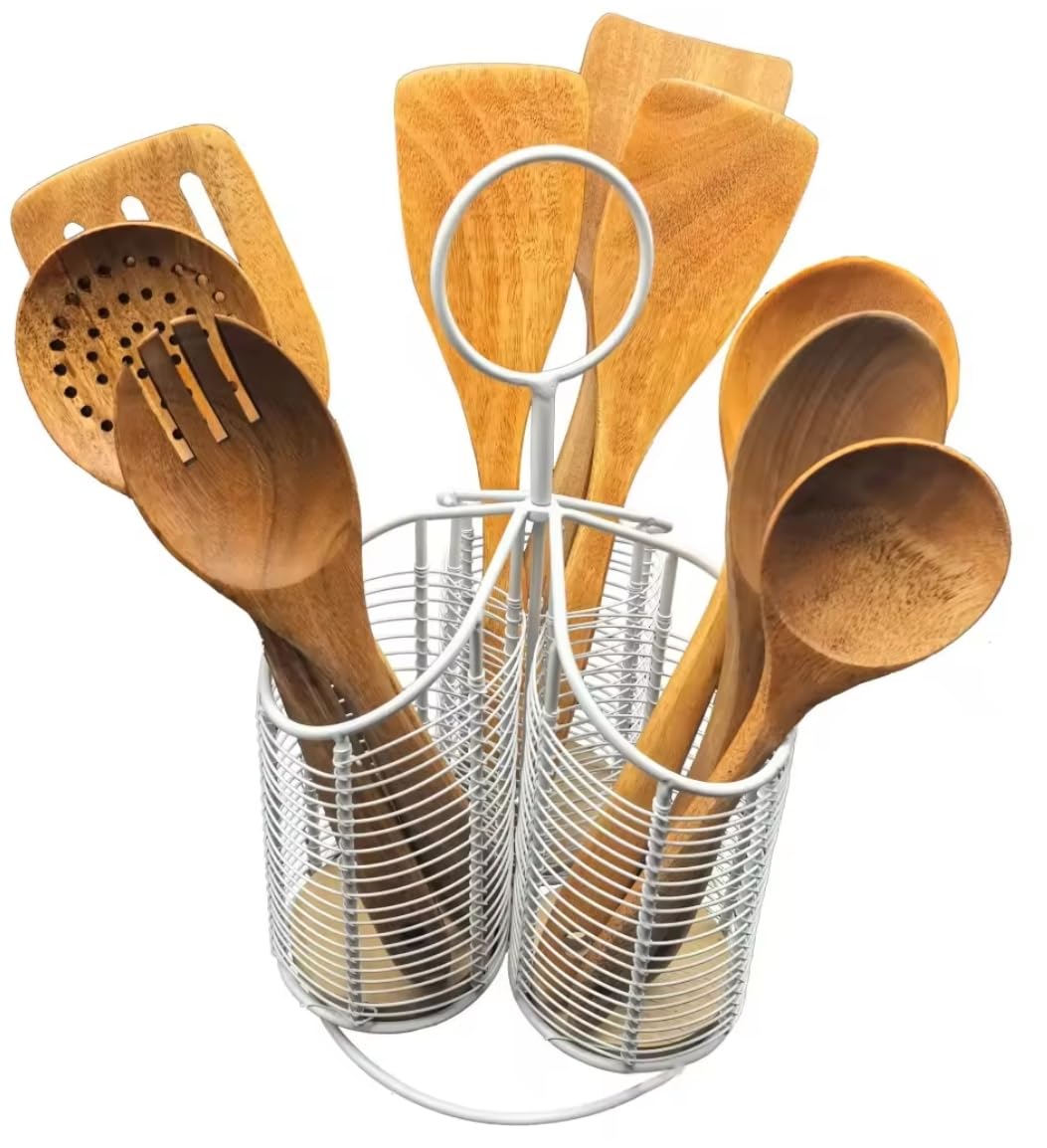 360° Rotating Kitchen Utensil Holder – Large 3-Compartment Organizer with Cork Bottom | Includes 9-Piece Acacia Wood Utensil Set | Professional Luxury Design | Metal Utensil Crock (Matte white)
