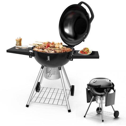 22 inch Charcoal Grills with Table, Portable BBQ Grill for Outdoor Camping, Barbecue Grill with Cover, Ash Catcher, and 2 Charcoal Boxes, 2 Wheeled Kettle Grill for Outdoor Cooking Family Party