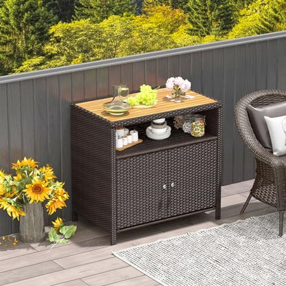 Tangkula Rattan Outdoor Storage Cabinet, Patiojoy Outdoor Cabinet with Acacia Wood Countertop, Open Compartment, 2-Door Wicker Sideboard, Outdoor Bar for Patio Garden Backyard Poolside (Mix Brown)