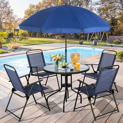 Vongrasig 6 Pieces Folding Patio Dining Set, All Weather Small Metal Outdoor Table and Chair Set, Garden Patio Furniture Set w/Umbrella, Glass Table & 4 Folding Chairs for Lawn, Backyard, Blue