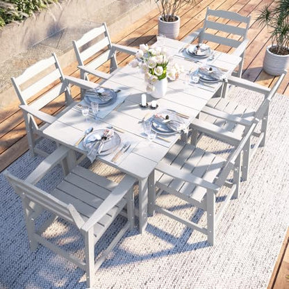 THOEOE 7 Pcs Outdoor Dining Set, 70" HDPE Dining Set for 6, White