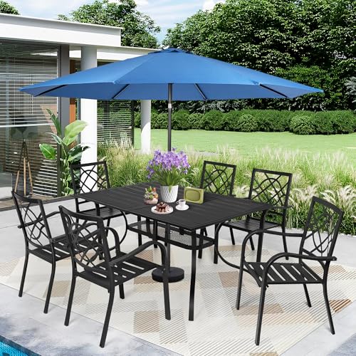 SUNCROWN 8-Piece Outdoor Wrought Iron Chairs and Table Patio Dining Furniture Set-6 Stackable Metal Chairs, 1 Steel Slat Bistro Table and 1 Dark Blue 9Ft Patio Umbrella for Garden Backyard Deck