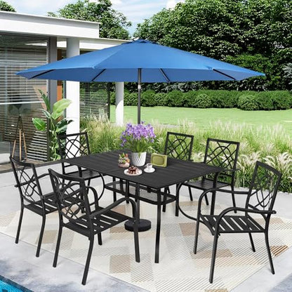 SUNCROWN 8-Piece Outdoor Wrought Iron Chairs and Table Patio Dining Furniture Set-6 Stackable Metal Chairs, 1 Steel Slat Bistro Table and 1 Dark Blue 9Ft Patio Umbrella for Garden Backyard Deck