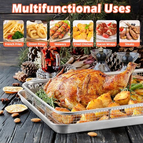 TeamFar Air Fryer Basket for Oven, 2 Set Stainless Steel Air Fryer Basket and Tray, 16”x12” Oven Air Fryer Rack with Baking Pan for Cooking Baking Broiling Grilling, Heavy Duty & Dishwasher Safe
