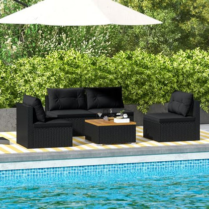Tangkula 5 Pieces Wicker Patio Furniture Set, Outdoor 4 Armless Rattan Sofa & Coffee Table Set, with Cushions, Acacia Wood Tabletop, Sectional Patio Conversation Set for Lawn, Yard, Poolside, Black