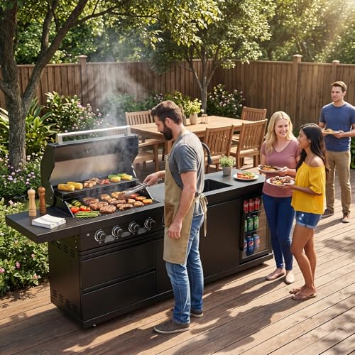 84 Inch Outdoor Kitchen Island, 6 Burner 75300 BTU Stainless Steel Propane Gas Grill Island with Sink and Refrigerator, SS304 Modular BBQ Barbecue Island with Granite Countertop and Rotisserie Kit