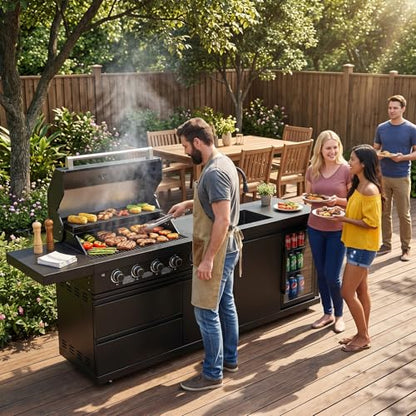 84 Inch Outdoor Kitchen Island, 6 Burner 75300 BTU Stainless Steel Propane Gas Grill Island with Sink and Refrigerator, SS304 Modular BBQ Barbecue Island with Granite Countertop and Rotisserie Kit
