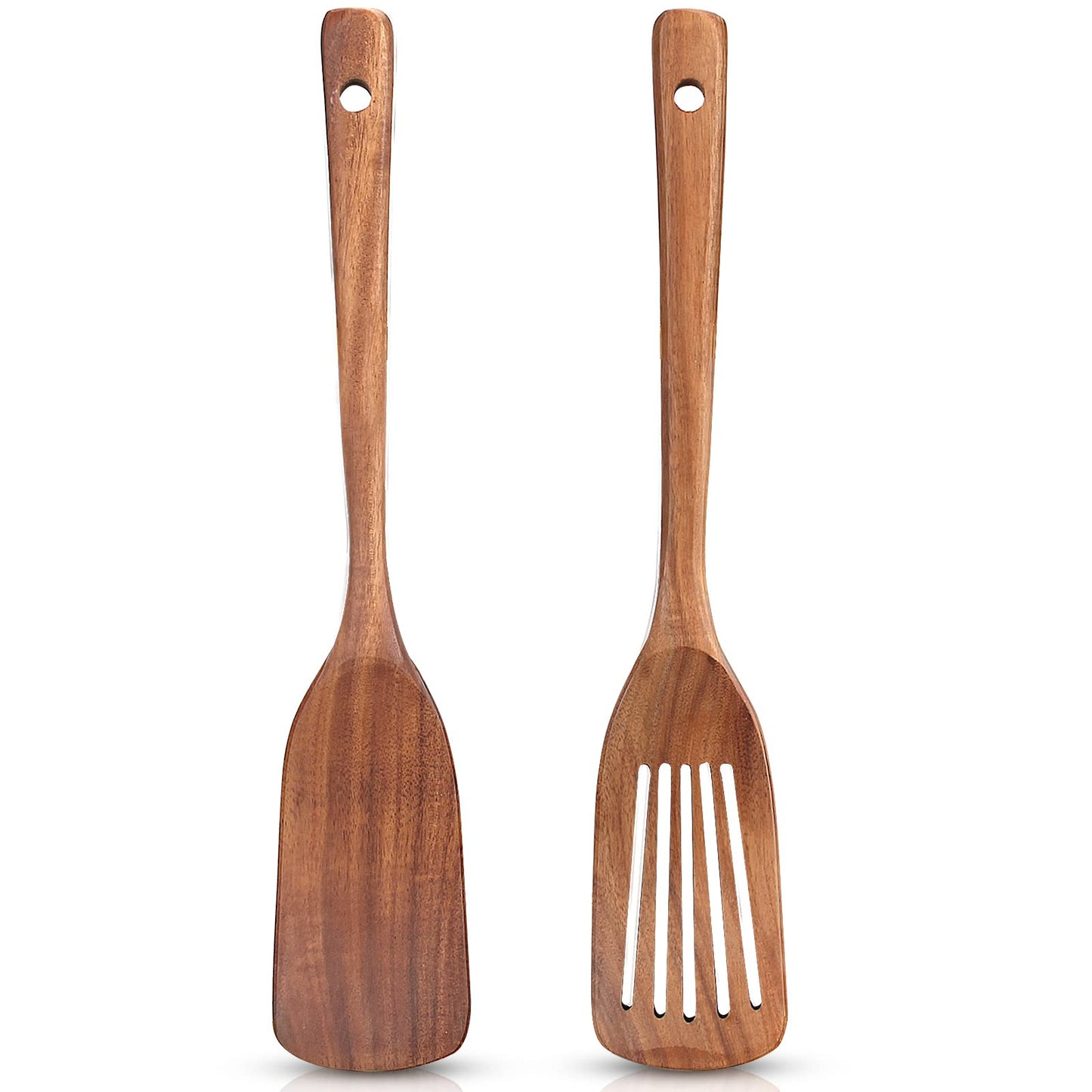 2 Pack Wooden Non Toxic Spatulas for Kitchen Utensils Set Acacia Wood Cooking Spatula Flat Wok Pancake Turner Bamboo Slotted Spoon for Cooking Utensil Spurtle Scraper Long Fish Egg Flipper Spatulas
