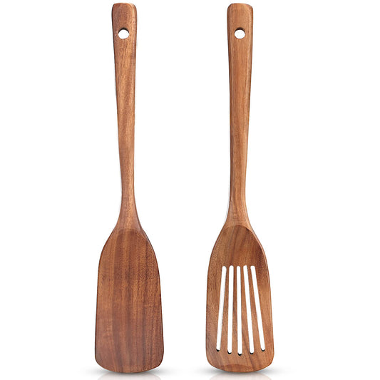 2 Pack Wooden Non Toxic Spatulas for Kitchen Utensils Set Acacia Wood Cooking Spatula Flat Wok Pancake Turner Bamboo Slotted Spoon for Cooking Utensil Spurtle Scraper Long Fish Egg Flipper Spatulas