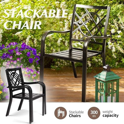 Crownland 5 Piece Patio Dining Set, 4 Stackable Metal Chairs and Square Outdoor Dining Table with 9FT Dark Blue Round Outdoor Umbrella (Metal Tabletop)
