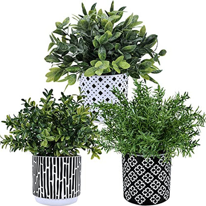 Winlyn 3-Pack Artificial Potted Plants - Faux Eucalyptus, Rosemary, Boxwood Greenery in Small Black & White Geometric Concrete Pots -Desk, Table, Shelf, Windowsill Decor for Indoor Outdoor Home Office