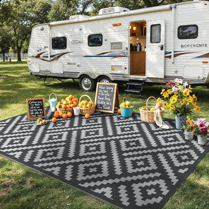 GENIMO Outdoor Rug for Patio Clearance,5'x8' Waterproof Mat,Reversible Plastic Camping Rugs,Rv,Porch,Deck,Camper,Balcony,Backyard,Black & Gray