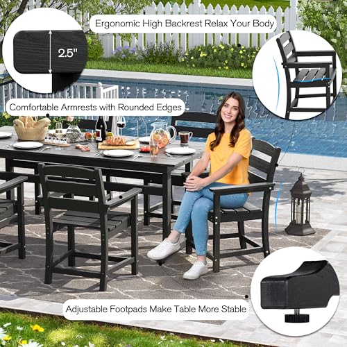 nalone 7-Piece Patio Dining Table Set, HDPE Outdoor Dining Sets with Table and 6 Chairs, Dining Furniture Set with Umbrella Hole (Black, 7 Pcs)