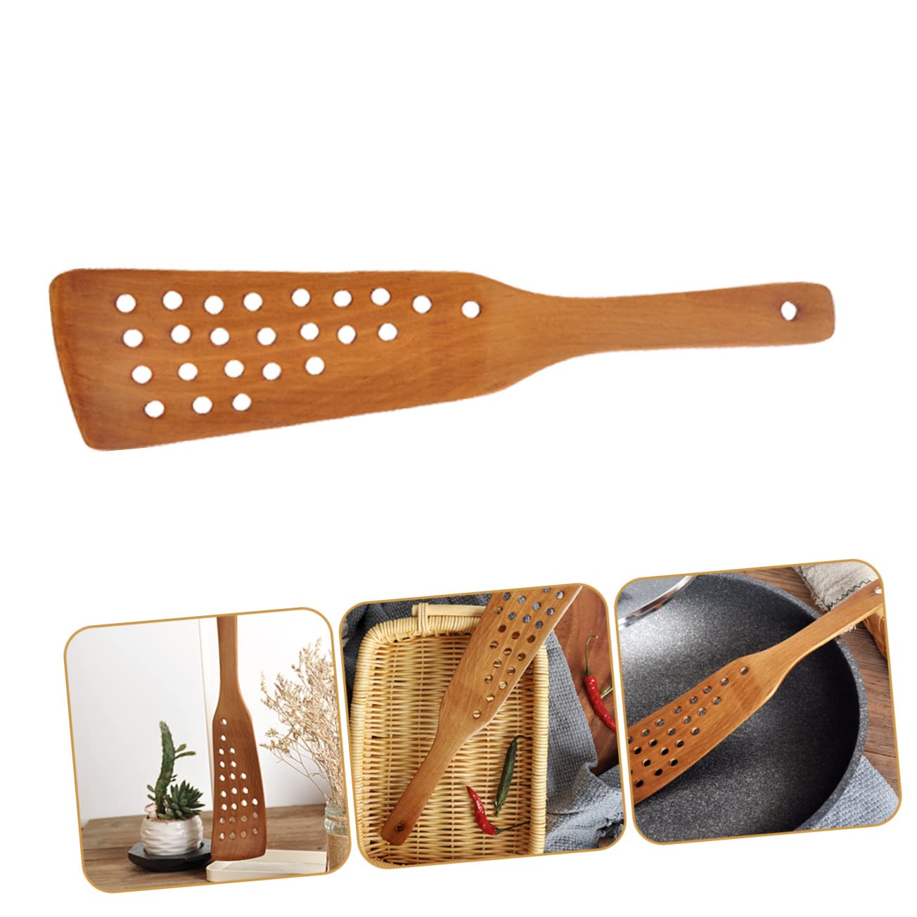 SHOWERORO 24 Hole Frying Spatula Wood Slotted Spatula Bread Stirring Stick with Hanging Hole Wooden Kitchen Stirring Tool for Sour