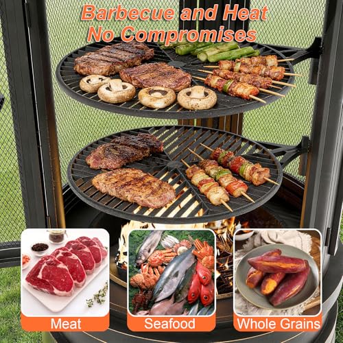 Gotland 2 in 1 Metal Chimenea with Grill, Outdoor Fire Pit with Adjustable Grill Tray 3-Door Design Spark Screen Door, Chiminea Outdoor Fireplace, Wood Stove for BBQ, Patio, Garden, Backyard