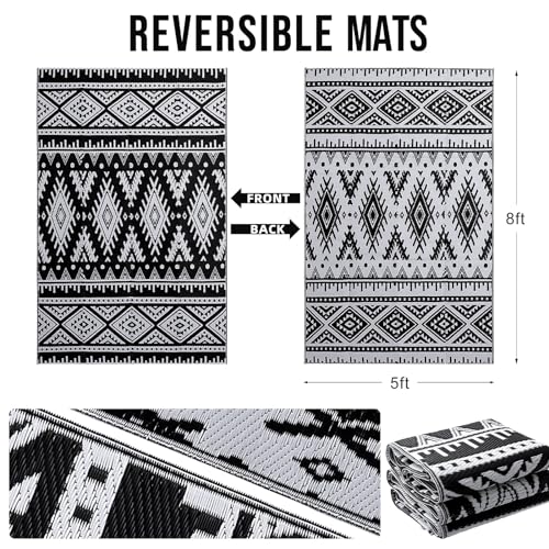 OLANLY Outdoor Rug Waterproof 5x8 ft, Reversible Outdoor Plastic Straw Rug, Boho Patio Rug, Indoor Outdoor Carpet, RV Mat Outside for Patio, Camp, Picnic, Balcony, Deck, Backyard, Black & White