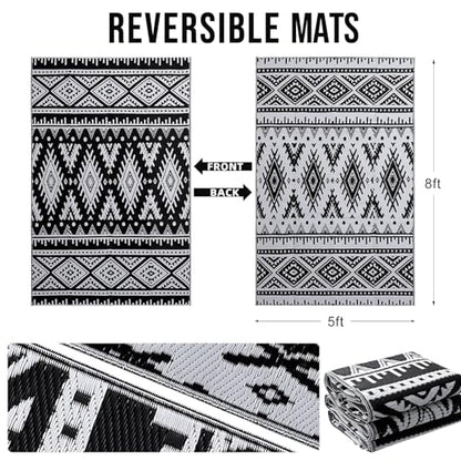 OLANLY Outdoor Rug Waterproof 5x8 ft, Reversible Outdoor Plastic Straw Rug, Boho Patio Rug, Indoor Outdoor Carpet, RV Mat Outside for Patio, Camp, Picnic, Balcony, Deck, Backyard, Black & White