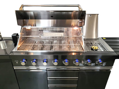 MCP-Distributions 3 Piece 10' Foot Modular Marble Top Black Stainless Steel Outdoor BBQ Kitchen Island Grill, Propane or Natural Gas, with Refrigerator and Sink Modules, 3PMGB