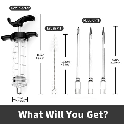 Turkey Meat Injector Syringe Kit with 3 Marinade Needles for BBQ Grill Smoker, 1 Cleaning Brush, 1 Oz/30 ml Large Capacity Injector Marinades for Meats Black