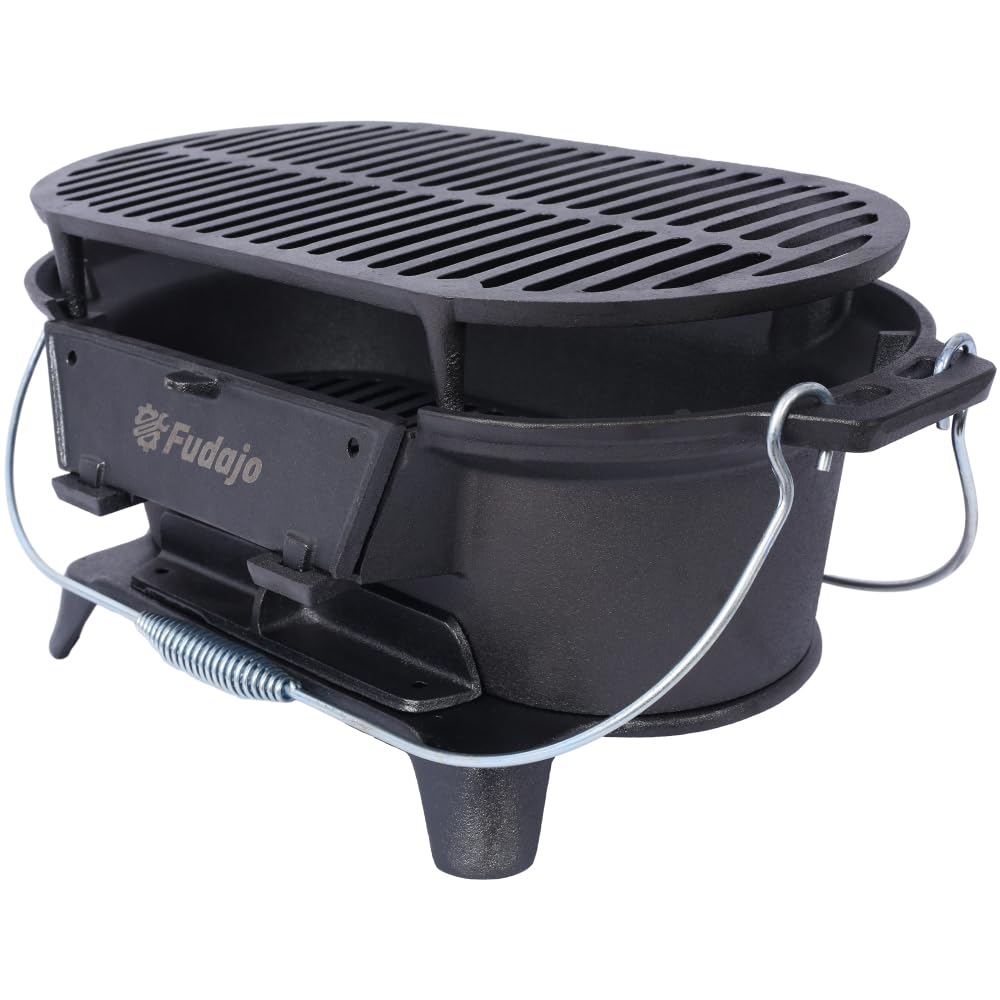 Cast Iron Hibachi Grill – Portable Charcoal BBQ for Outdoor Cooking, Durable Tabletop Skillet, Compact Camping Charcoal Cooker for Tailgating, Picnics & Hunting (Oval)