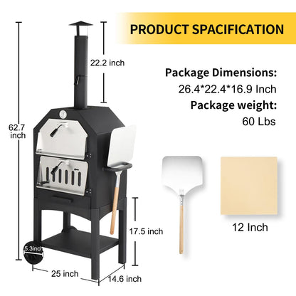 Artbros Outdoor Pizza Oven Wood-Fired Patio Pizza Maker Portable Pizza Grill with Pizza Stone, Peel, Grill Rack, and Waterproof Cover for Backyard and Camping