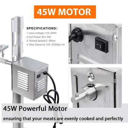 iMeshbean 220lbs Rotisserie Grill Kit, Electric Pig Spit Rotisserie Grill with 45W Motor,Stainless Steel Spit Roaster Stand for Roasting Pig Lamb Turkey Chicken & Whole Animals,Height Adjustable