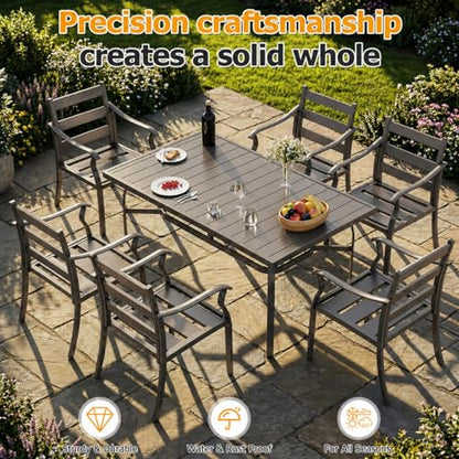 EROMMY 7-Piece Outdoor Patio Dining Set for 6, 6 Metal Slat Chairs & Rectangular Table with Umbrella Hole, Heavy-Duty Patio Furniture for Backyard, Deck and Garden
