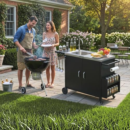 ROVSUN Outdoor Grill Cart with Sink, 304 Stainless Steel Sink, Movable Prep Table w/Cabinet, Rolling Kitchen Island w/Spice Rack and Hooks, Paper Racks for Backyard Cooking, Patio, Gardens