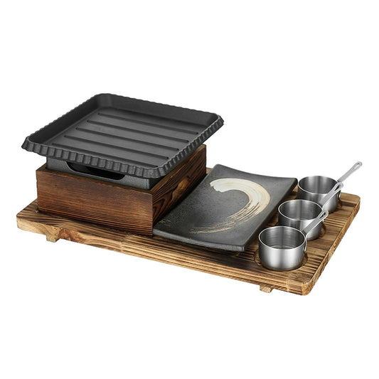 UGCER Japanese BBQ Grill Set, Portable Charcoal Stove with Wooden Base for Yakiniku, Robata, Yakitori, Takoyaki, Camping,C