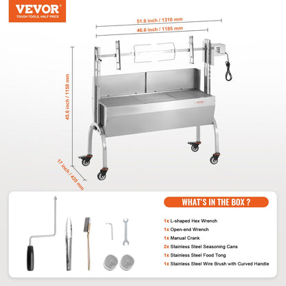 VEVOR Rotisserie Grill with Windscreen, BBQ Whole Pig Lamb Goat Charcoal Spit Grill, 46 Inch 132 Lbs Capacity, Electric 52W Motor Stainless Steel Roaster with Lockable Wheels, for Camping Outdoor