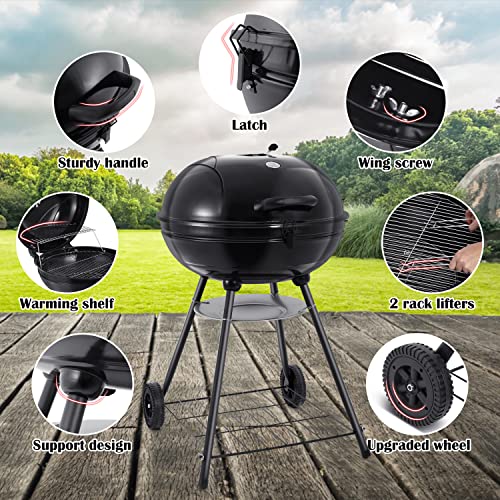 HaSteeL 22-Inch Kettle Charcoal Grill, Portable BBQ Gill with Wheels for Outdoors Barbecue, Camping, Picnic, Backyard, Tailgating, Beach, Storage Rack & 355 SQ.In Cooking Area, Black Porcelain Enamel