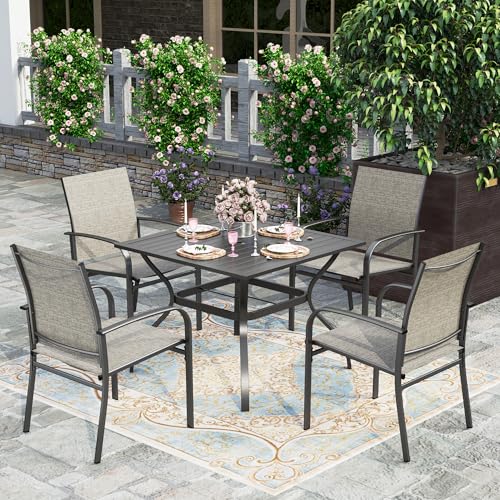 HERA'S HOUSE 5-Piece Patio Table and Chairs, Outdoor Dining Set for 4, Square Metal Table and Textilene Chairs with Umbrella Hole for Lawn Garden Backyard Deck, Brown