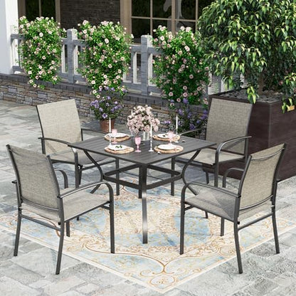 HERA'S HOUSE 5-Piece Patio Table and Chairs, Outdoor Dining Set for 4, Square Metal Table and Textilene Chairs with Umbrella Hole for Lawn Garden Backyard Deck, Brown