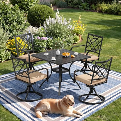 Patiomore 5 Piece Patio Dining Set Outdoor Furniture Set, Square Metal Patio Dining Table with Umbrella Hole & 4 Swivel Dining Chairs for Garden Lawn Yard