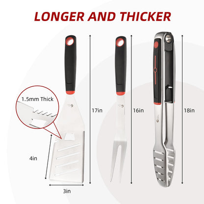 BBQ Tools Set, Heavy Duty Stainless Steel Spatula, Fork & Tongs with Portable Bag, Essential Accessories for Barbecue Outdoor Grill, Grilling Gifts for Men Dad Camp Chef