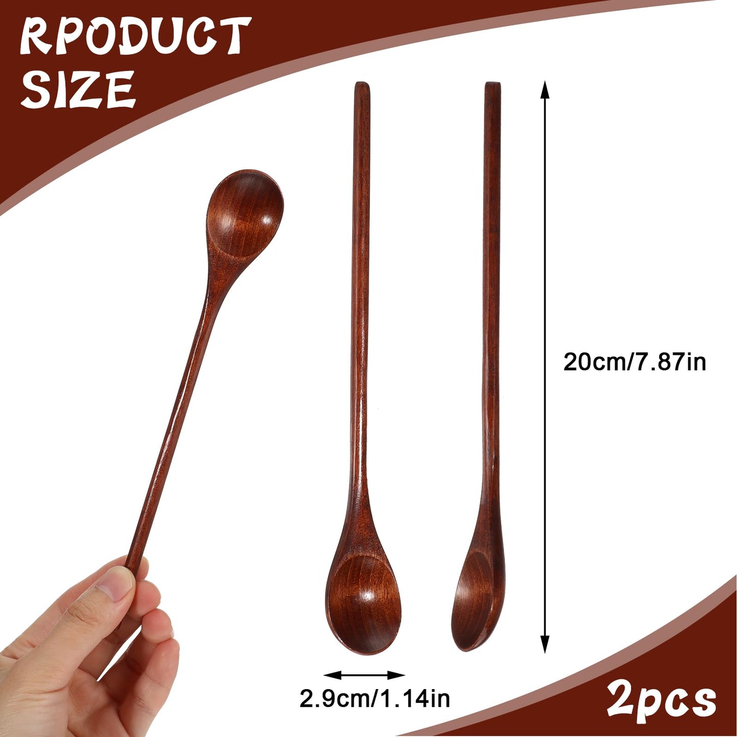 2 PCS Long Handle Mixing Wooden Spoon, Wooden Spoons for Eating 7.8 Inch Honey Spoons Matcha Spoon for Stirring Brown Cocktail Stirrer Swizzle Mixing Teaspoon for Home Kitchen Bar Restaurant