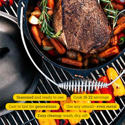 Lodge 9 Quart Pre-Seasoned Cast Iron Dutch Oven with Lid - Wire Bail Handle for Easy Transfer from Cooking Surface to Table - Use in the Oven, on the Stove, on the Grill or over the Campfire - Black