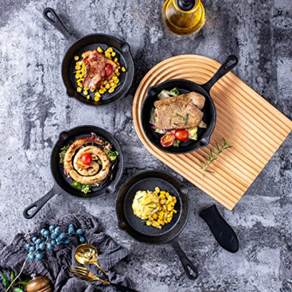 Bruntmor Cast Iron Frying Pan Set of 4-6x4 Inch Black Pre-Seasoned Skillets with Heat-Resistant Silicone - Mini Cast Iron Skillet Set for Stovetop, Oven, and Grill