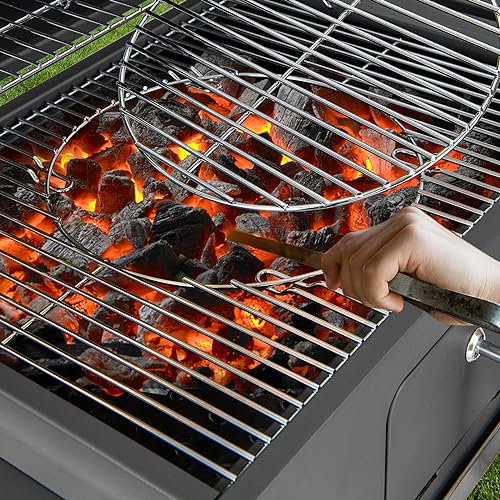 HAPPYGRILL Charcoal Grill, Heavy Duty Cooking Grill with 2 Foldable Side Tables, 8 Hooks, Storage Shelf, 2 Wheels, Flame Control, Outdoor BBQ Grill for Picnic Party Camping Backyard Patio